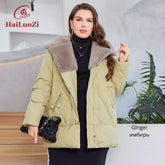 HaiLuoZi Women's Short Hooded Jacket with Fur Trim, Plus Size Winter Clothing, Independent Quilted Design, Large Pockets, Combination 2023, New Collection 1163