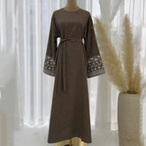 Women's Islamic abaya embroidered with flowers, chic with free belt, high-quality Muslim maxi dresses, elegant Islamic clothing for Eid Ramadan