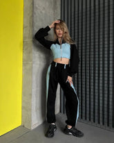 Women's 2-piece patchwork denim set, casual outfit, slim hoodies, crop top, wide-leg sweatpants, streetwear, trendy tracksuits