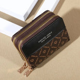 Mini faux leather wallet with double zipper, compact classic pouch, multiple card slots, matching pocket, RFID protection, chic