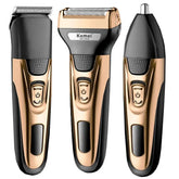 Kemei 3in1 kit de toilettage rasoir électrique pour hommes barbe tondeuse corps nez oreille machine à raser visage rasoir rechargeable