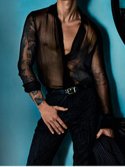 Men's thin black shirts, casual and breathable top, sleepwear, summer