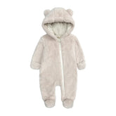 Baby romper for ages 0-24 months, winter clothes for newborns, boys and girls, zip-up bodysuit, fleece bear, hooded pyjamas