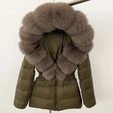 OFTBUY 2024 veste d'hiver femmes naturel réel raton laveur col de fourrure de renard à capuche blanc canard vers le bas manteau ceinture épais chaud vêtements d'extérieur décontractés