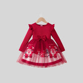 Girls' Christmas dress, long-sleeved tulle princess outfit, Santa print, party dress for children aged 4 to 8 years, autumn/winter 2025