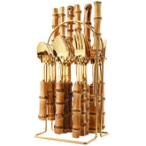 Couverts en acier inoxydable avec manche en bambou naturel, 24 pièces, service de table, couteau à steak