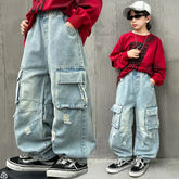 Adolescents garçons Hip Hop Streetwear vêtements de travail jean printemps automne 2025 nouveau Style enfants beau à la mode déchiré pantalon à jambes larges