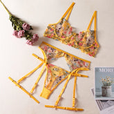 Women's Sexy Lace Lingerie Set, 3 Pieces, Fancy Flower Embroidery, Sheer Bra and Thongs, Underwear Set, Erotic and Intimate Costumes