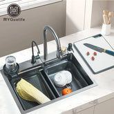 Évier de cuisine cascade en acier inoxydable 304, grand fente unique intégrée, ensemble de robinets 60x45cm, distributeur de savon/eau Pure/laveuse de tasses