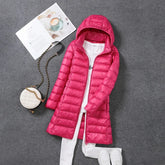 Women's Spring Padded Hooded Long Jacket White Duck Down Women's Overcoat Ultra Lightweight Slim Solid Jackets Coat Portable Parkas
