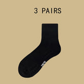 3 pairs of mid-calf sports socks with towel soles for all seasons, solid color, deodorizing, sweat-absorbing and breathable; black mid-calf socks, shock-absorbing and heel-protecting.