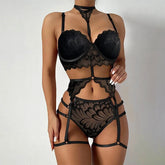 Women's erotic lingerie sets, lace garter belts, sheer bra and panties, women's porn costumes, deep V-neck halter neck, sexy underwear set