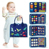 Montessori busy board for toddlers, sensory toy, fine motor skills activity, travel, learning, gift for boys and girls, blue polyester