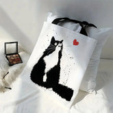Reusable linen tote bag with cute cat print, grocery storage bag, large capacity portable shoulder bag, machine washable tote