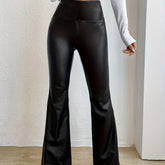 Stylish Faux Leather Flare Leg Pants - High Waist, Skinny Fit, Elegant Women's Pants for Spring and Fall Seasons - Comfortable, Versatile, and Chic Clothing for Ladies