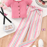Buy 1 Get 1 Free, total of 2 PCS Adorable Girls' Puff Short Sleeve T-Shirt Top + Striped Pants Set - Soft, Breathable, and Comfortable - Perfect for Spring, Fall, and Christmas Gift Ideas