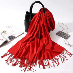 Imitation Cashmere Scarf for Women, Solid Color Fringed Warm Dual-use Shawl