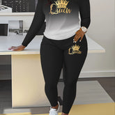 Gradient Crown Print Casual Autumn and Winter Long Sleeve Round Neck Women's Pants Set