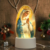 1pc Virgin Mary LED Night Light, Acrylic Round Decorative Lamp with Prayer Theme, USB Powered Desktop Lighting, Christian Religious Character Design, Ideal for Holiday Gifts and Hotel Decor