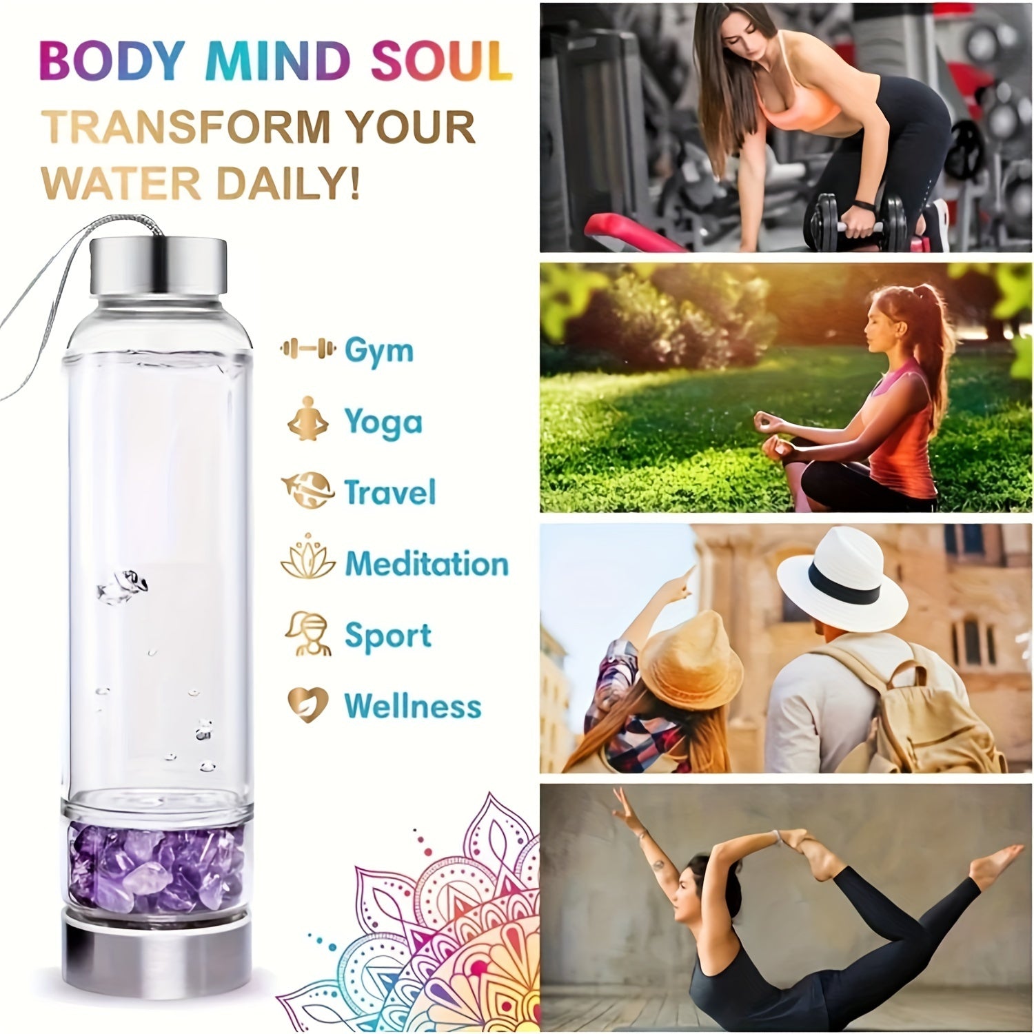 15oz Enchanting Crystal Glass Water Bottle with Natural Stone Infusion - Sustainable, Relaxing Gift for Women with Protective Cover and Detachable Gemstone
