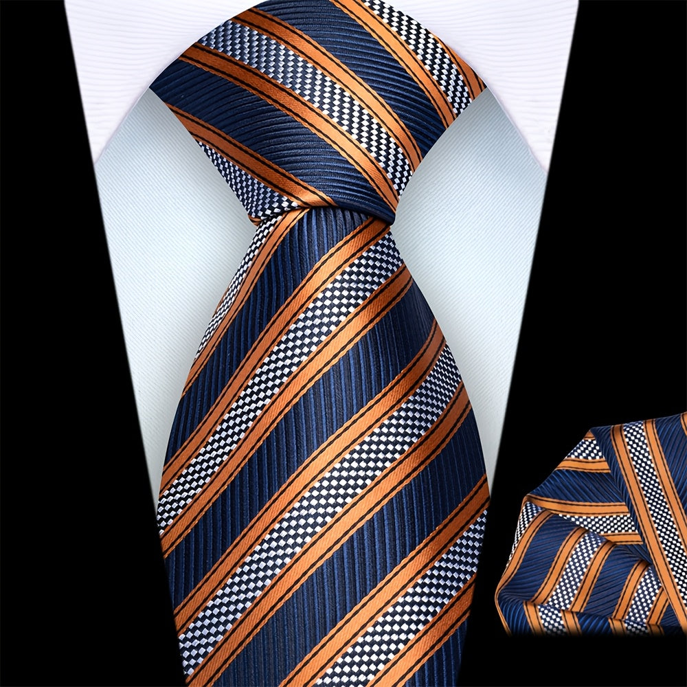 Ricnais Set of 2 Men's 8cm Striped Tie and Square Scarf High Quality Classic Fashion Wedding Party Business Tie Set Men's Wedding Accessories Home Gift Christmas Gift Party Gift