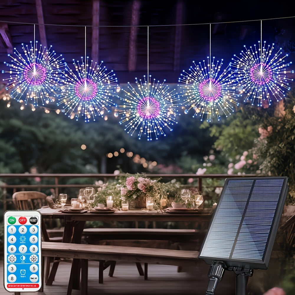 5 Pack 450LEDs Solar Starburst Sphere Lights, Firework Lights Remote Control Timer 8 Modes Dimmable IP65 Waterproof Hanging Fairy Light, Copper Wire Sparkly Lights For Patio Party Tent Christmas