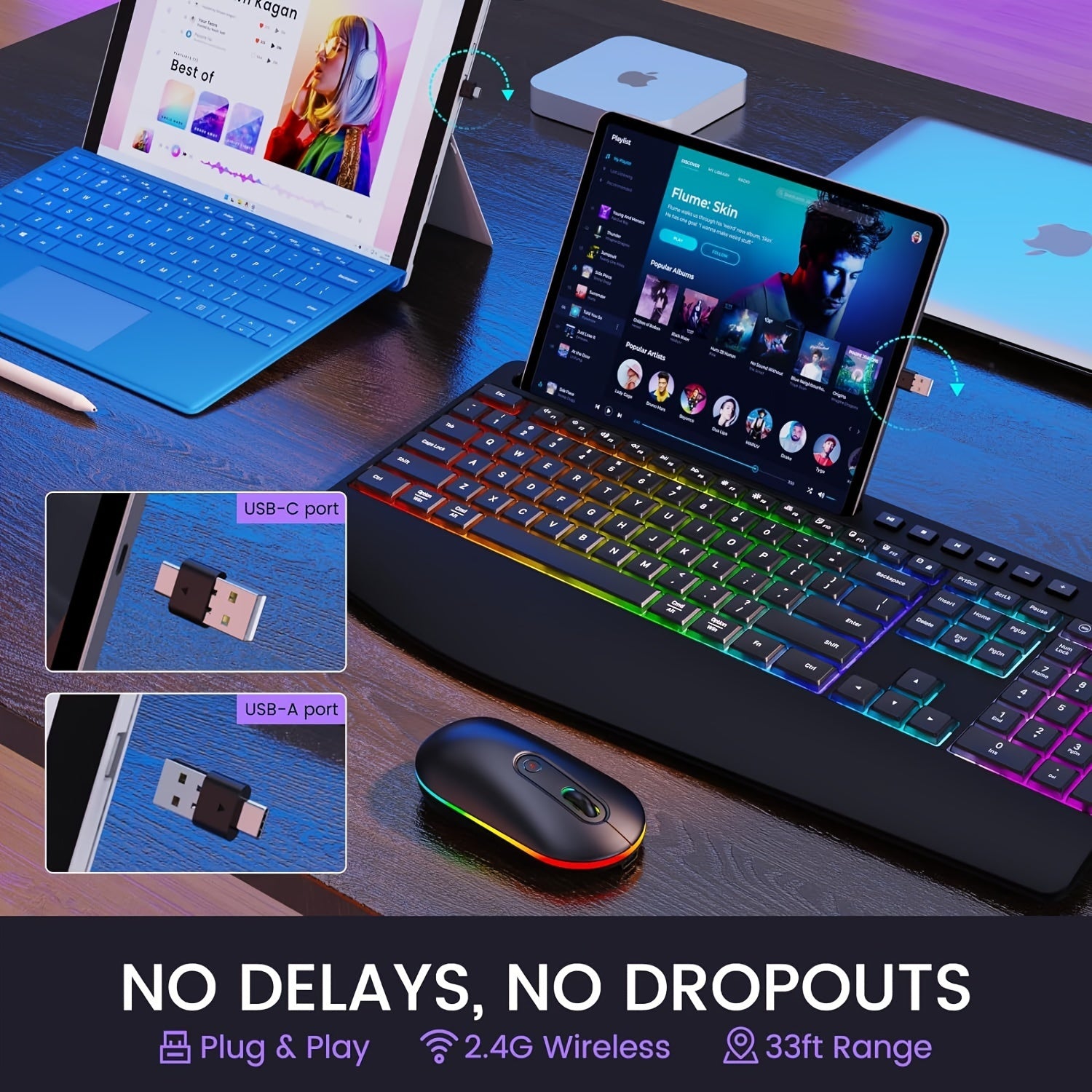 Wireless Keyboard And Mouse RGB Backlit- 2.4G Rechargeable Keyboard Full-Size with Phone/Tablet Holder, Silent Ergonomic Wireless Keyboard Mouse Combo for Computer, PC, Laptop for New Year Gift