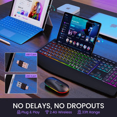 Wireless Keyboard And Mouse RGB Backlit- 2.4G Rechargeable Keyboard Full-Size with Phone/Tablet Holder, Silent Ergonomic Wireless Keyboard Mouse Combo for Computer, PC, Laptop for New Year Gift