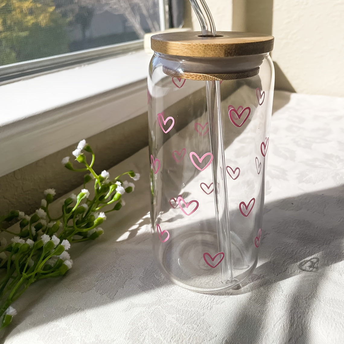 16oz Heart Print Glass Water Bottle with Straw and Lid, Hand Wash Only Recyclable Glass, Reusable Multipurpose Beverage Cup for Coffee, Milk, Juice, Beer