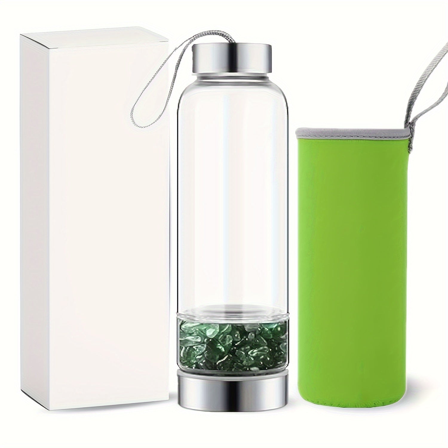 15oz Enchanting Crystal Glass Water Bottle with Natural Stone Infusion - Sustainable, Relaxing Gift for Women with Protective Cover and Detachable Gemstone