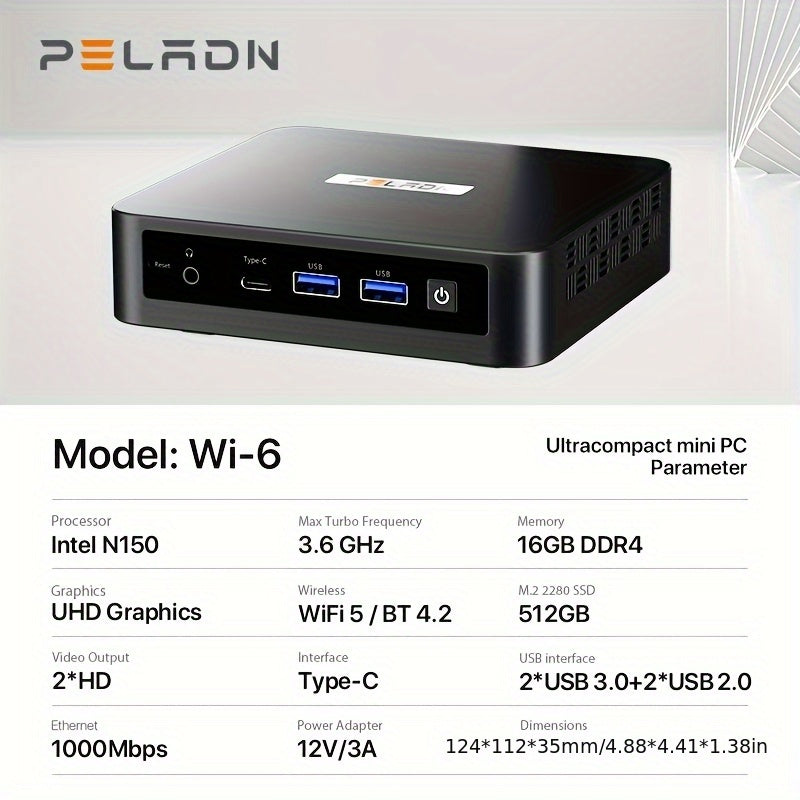 PELADN Mini PC, WI-6 Mini Computer with Intel N150/N100/N95 Processor (Up to 3.4GHz), 16GB DDR4 RAM, 512GB M.2 SSD, 4K@60Hz/WiFi5/BT4.2/Type-C/Dual Display, Desktop Workstation