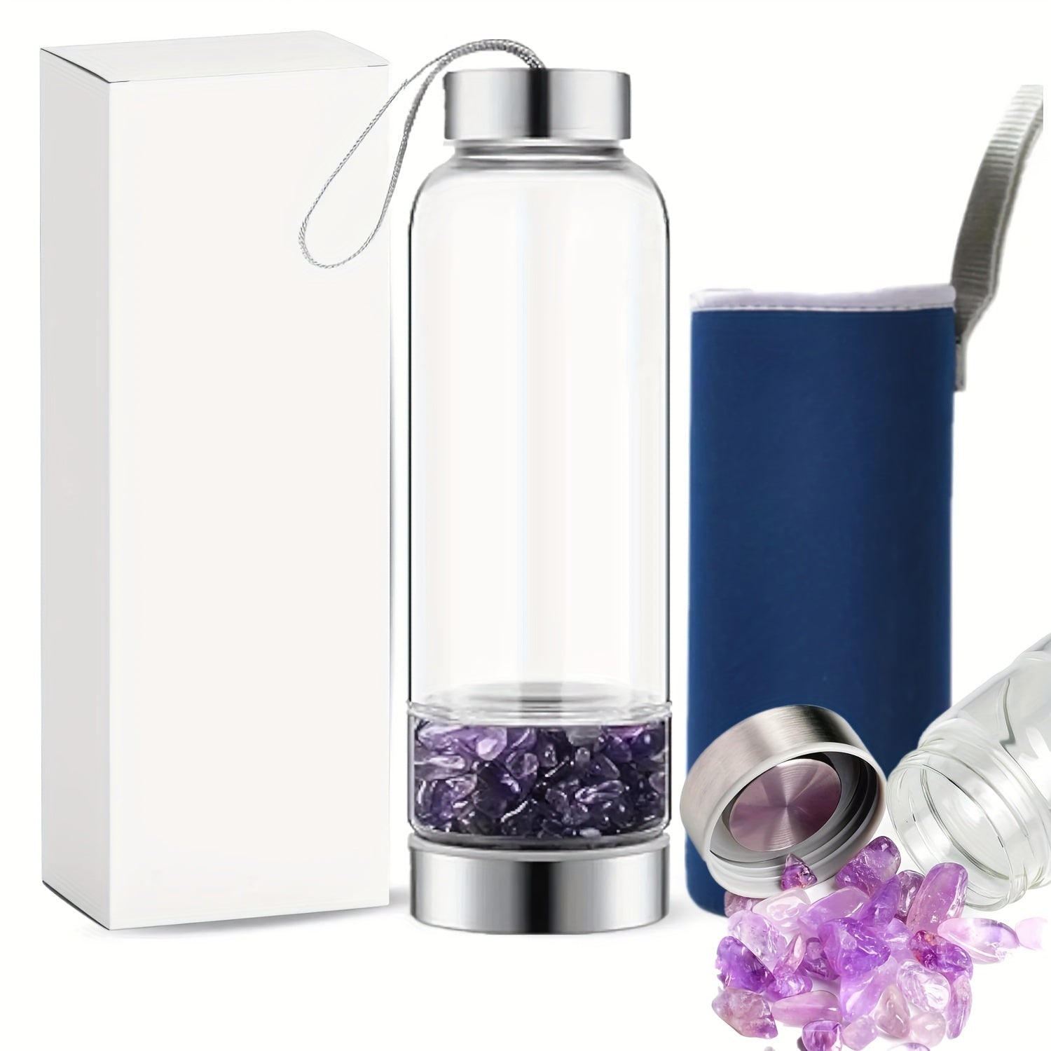 15oz Enchanting Crystal Glass Water Bottle with Natural Stone Infusion - Sustainable, Relaxing Gift for Women with Protective Cover and Detachable Gemstone