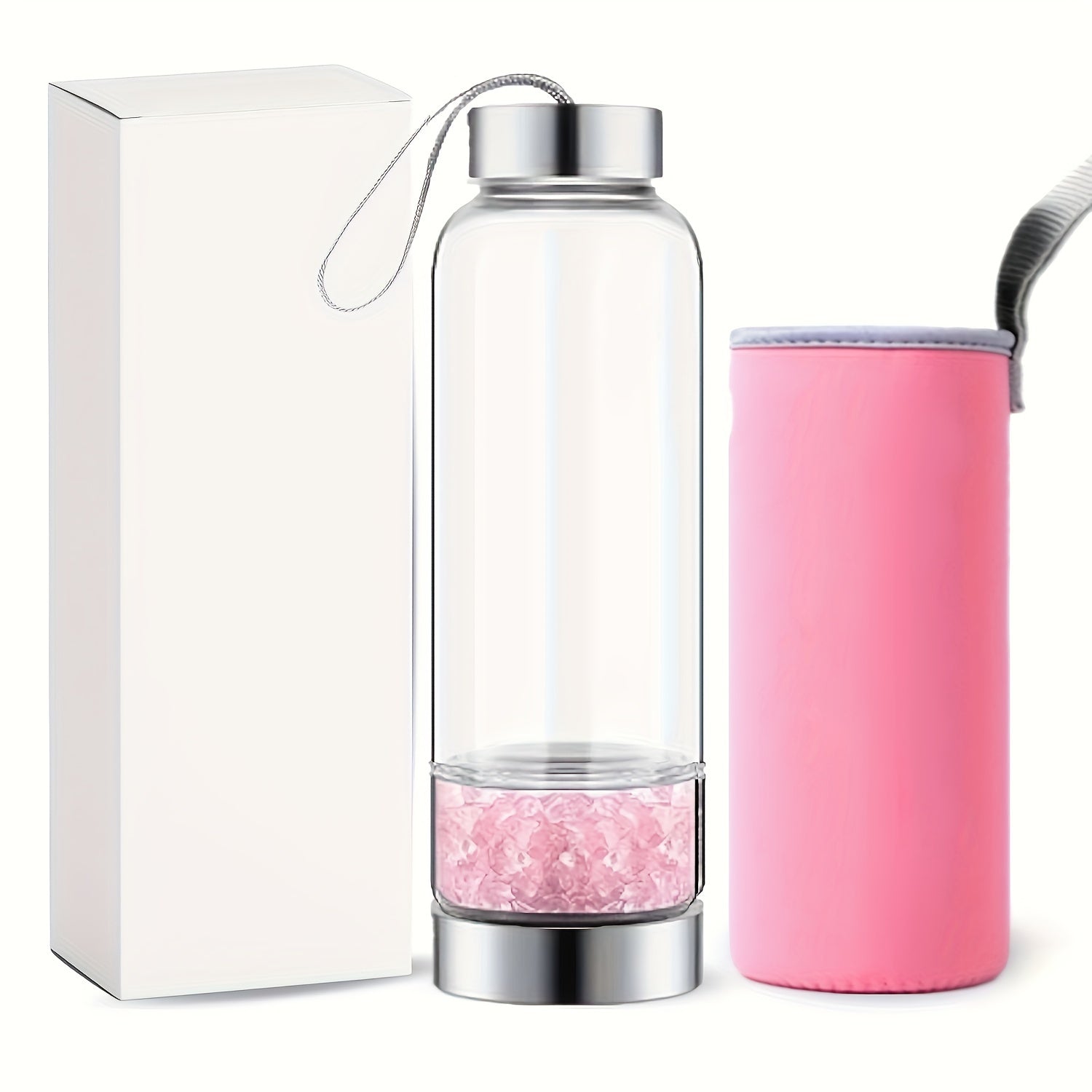 15oz Enchanting Crystal Glass Water Bottle with Natural Stone Infusion - Sustainable, Relaxing Gift for Women with Protective Cover and Detachable Gemstone