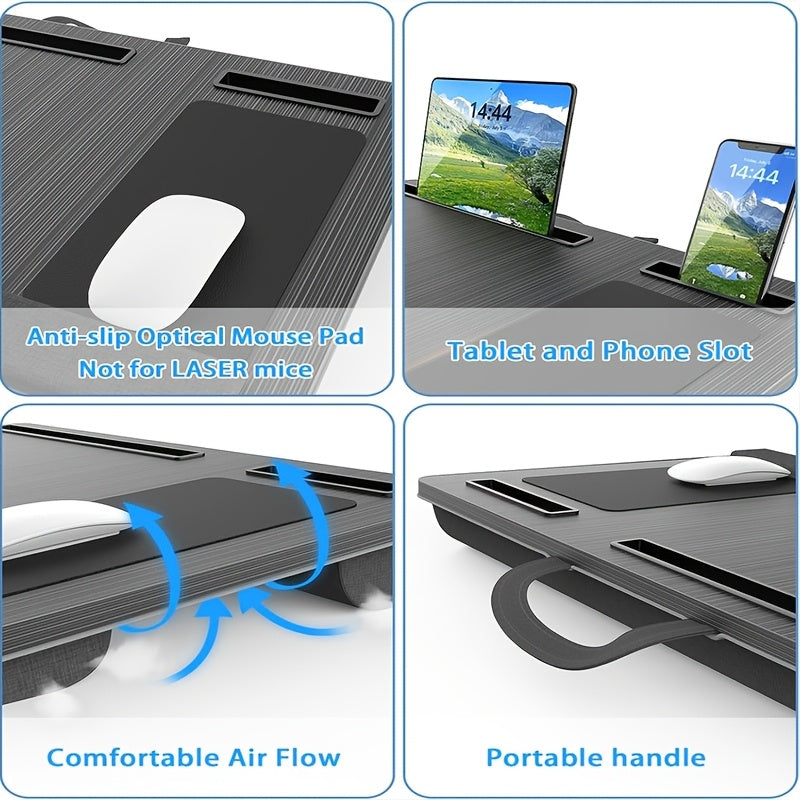 Portable Laptop Desk with Wrist Support - Foldable, Large Bed-Friendly Design, Up to 17" Compatible, Mouse Pad & Tablet Holder, Ergonomic Handle, Cushioned Workstation in Black, Notebook Computer, Cushioned