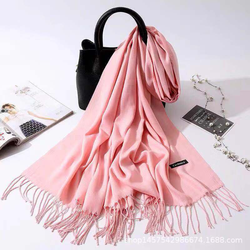 Imitation Cashmere Scarf for Women, Solid Color Fringed Warm Dual-use Shawl