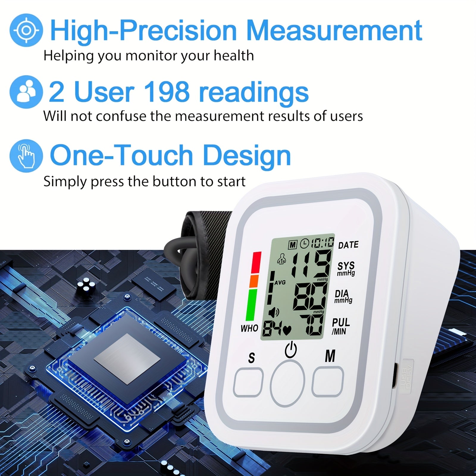Blood Pressure Monitor Upper Arm, Blood Pressure Machine Easy To Operate, Adjustable Cuff | 60S Fast Reading | Voice Broadcast, Hypertension Alert, 2×99 Sets Memory, Home And Travel Use, Adult Health Monitor (Battery Exclude