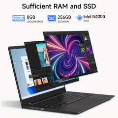 Student Laptop, 14-inch HD IPS Screen, Intel® Celeron® N Series Synthetic Gemstone Lake N4000 Processor, 8GB RAM LPDDR4, 256GB SSD, 4800mAh Battery, Dual-Stereo Speakers - Holiday Gift for Family & Friends, Mini Laptop, Sma