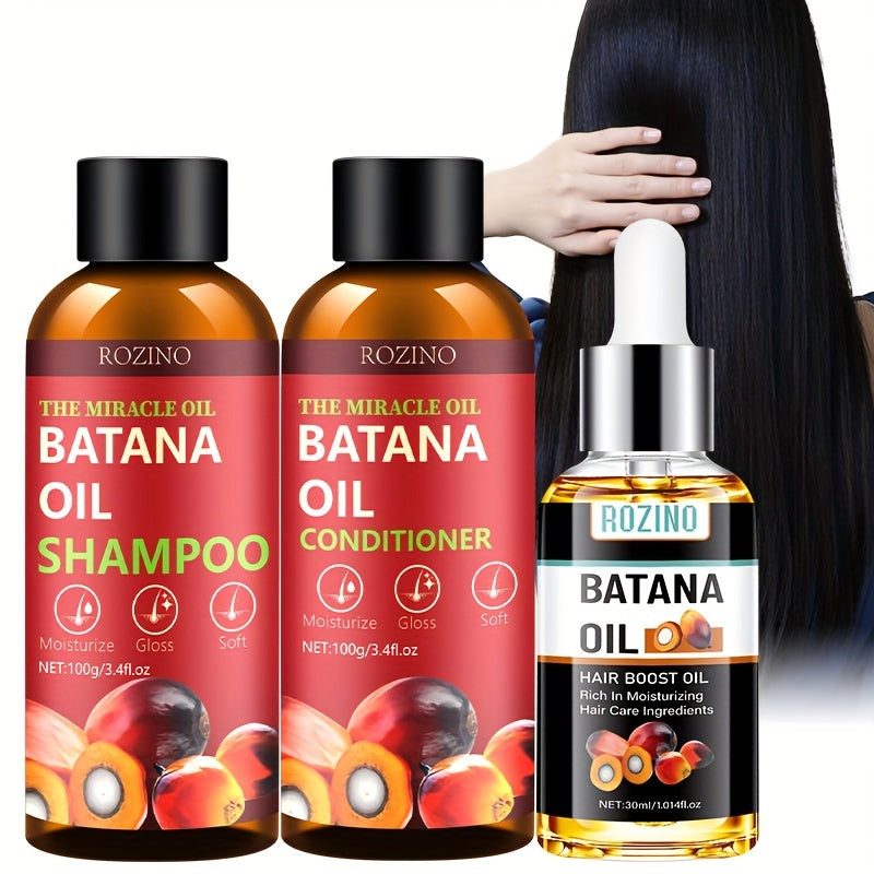 ROZINO Batana Oil Hair Care Set - Normal Hair - Shampoo, Conditioner & Boost Oil - Moisturizing, Revitalizing, Strengthening Trio to Enhance Hair Vitality and Health