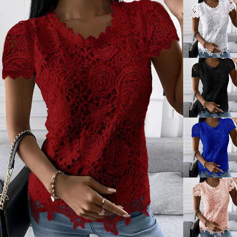 Femmes dentelle col rond hauts T-Shirts dames été décontracté à manches courtes Blouse pull mode vêtements pour