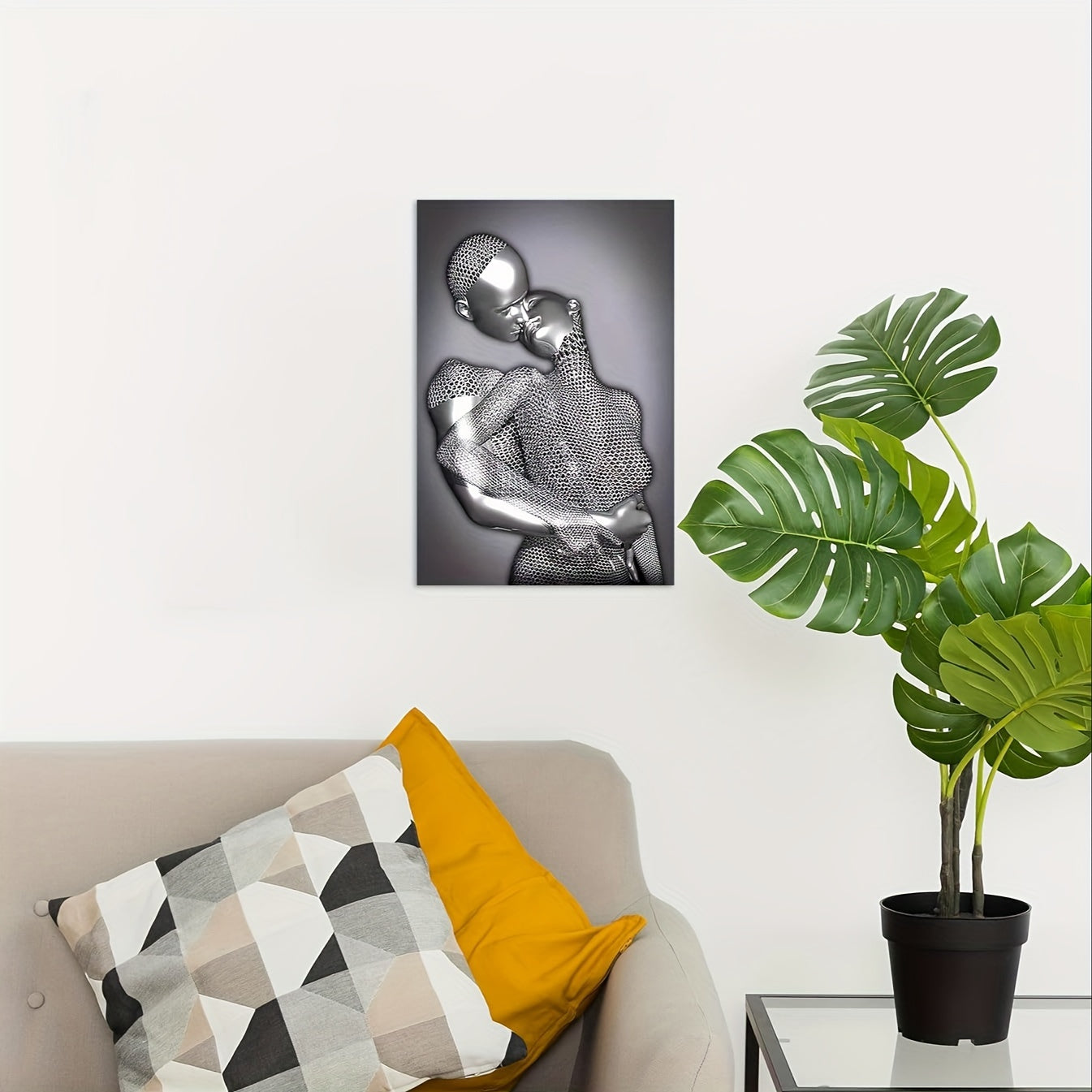Romantic Couple Embrace Abstract Metal Sculpture Wall Art - Frameless Grey & Black Canvas Print For Bedroom, Living Room, Bathroom Decor - Perfect Valentine'S Day Gift, 12X18 Inches