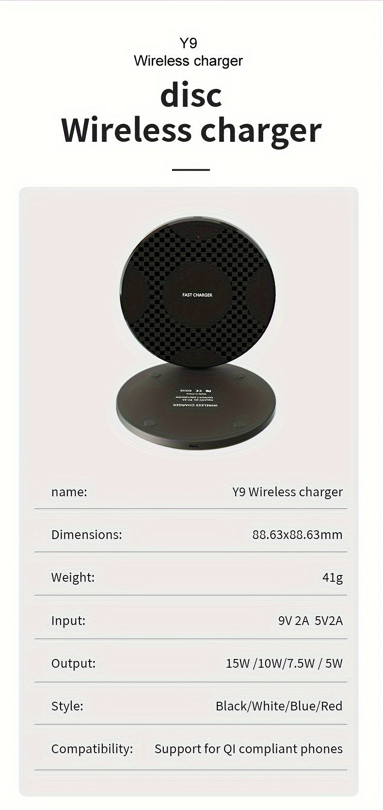 1pc Y9 10W Fast Wireless Charger, USB-Powered with Charging Indicator, Universal Compatibility for Phone 15/14/13/12/11 Pro Max/XR/XSMAX/X/8Plus, ABS Plastic, Portable &amp; Desktop-Friendly