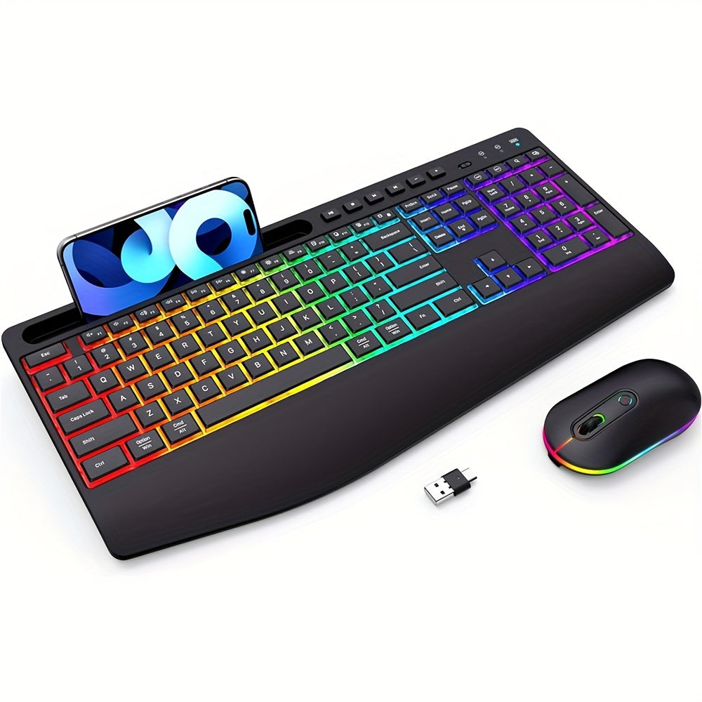 Rechargeable Wireless Keyboard Mouse Combo - Full-Size RGB Backlit Silent Ergonomic Keyboard with Phone/Tablet Holder, 2.4G Wireless Connection, Long-Lasting Battery Life, and Compact Design for Computer, PC, Laptop