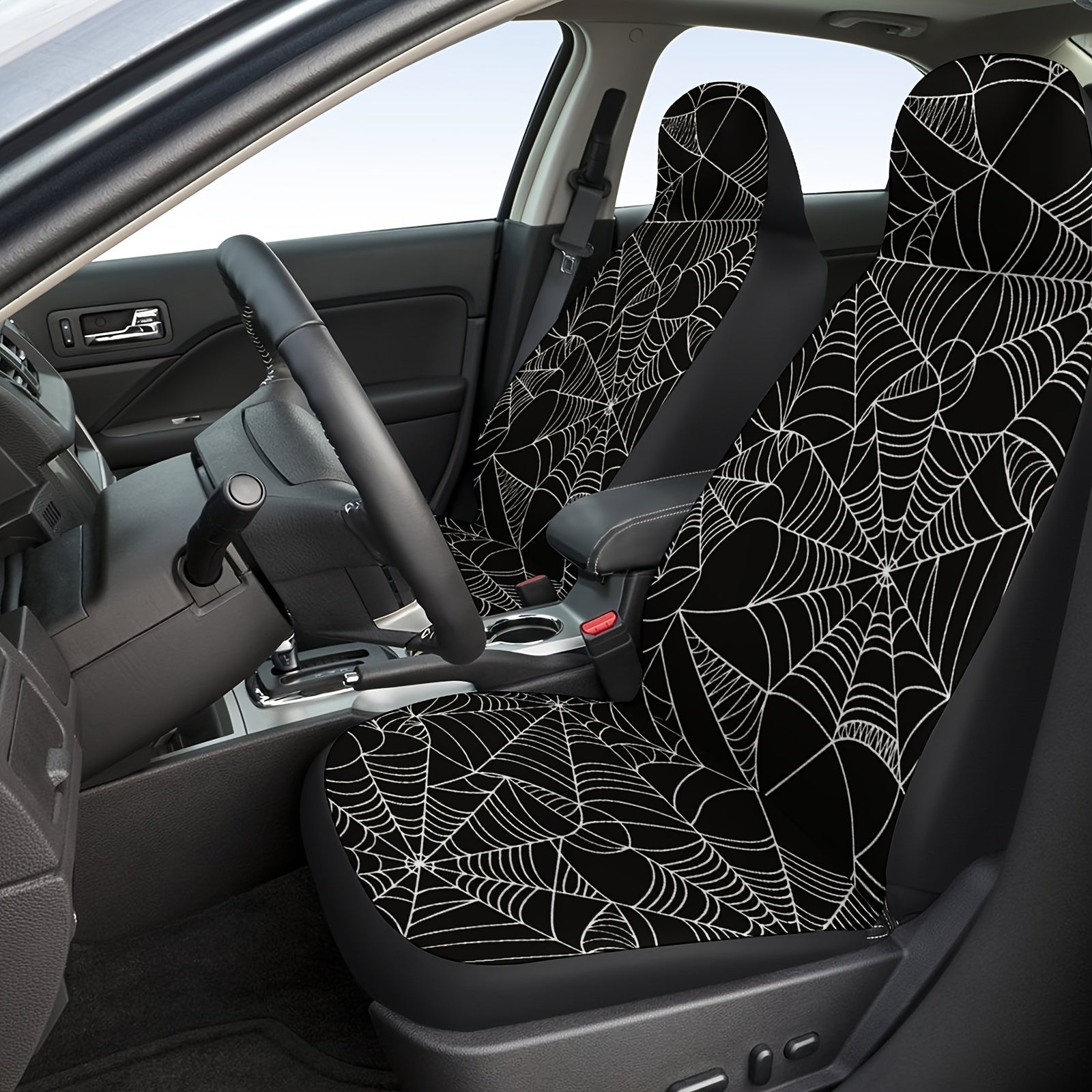 1pc Stylish Spider Web Black and White Print Universal Fit Car Driving Seat Cover - Waterproof, Easy to Install, Perfect for Halloween and Christmas Gift Ideas