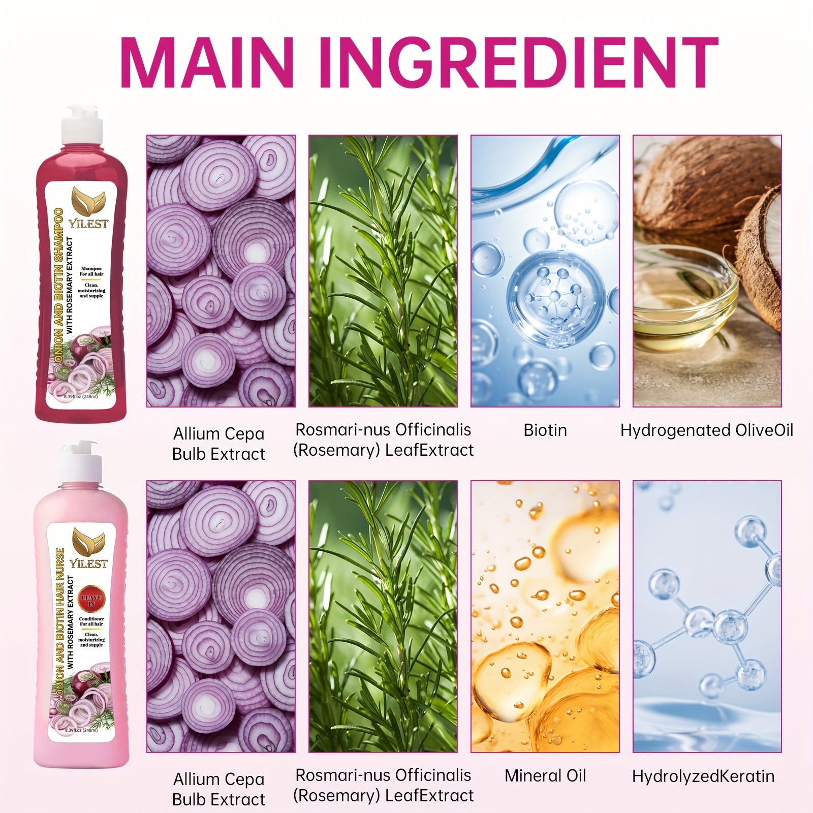 YILEST 2-bottle Onion Bio-Shampoo Set Rosemary Shampoo And Conditioner, Smoothing, Cleaning Hair - Soft And Shiny, for damage Hair, Shampoo for All Hair Types - Hair Moisturizing, Not Greasy, Christmas Mother Holiday Gift