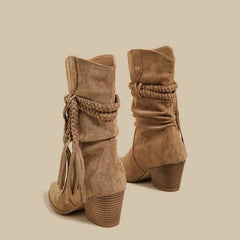 Tassel Hemp Rope Martin Boots Women Pointed Toe Chunky Heel Cowboy Boot