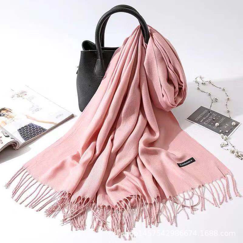 Imitation Cashmere Scarf for Women, Solid Color Fringed Warm Dual-use Shawl
