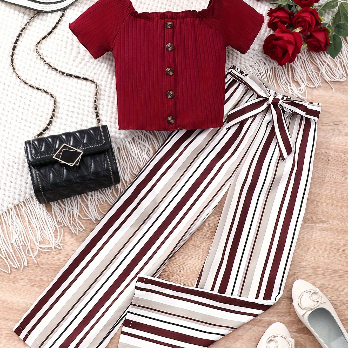 Buy 1 Get 1 Free, total of 2 PCS Adorable Girls' Puff Short Sleeve T-Shirt Top + Striped Pants Set - Soft, Breathable, and Comfortable - Perfect for Spring, Fall, and Christmas Gift Ideas