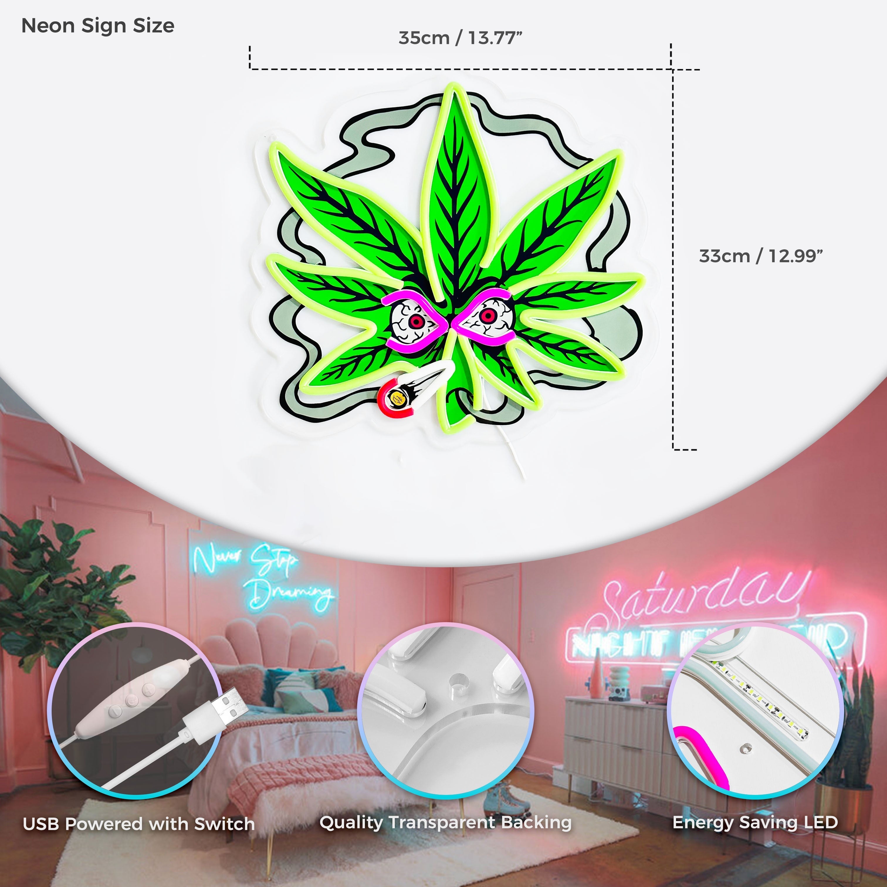 USB-Powered Leaf Neon Light with Glowing Green Leaves & Pink Eyes - Wall-Mounted Decorative Lamp for Bars, Home, or Party Decor, Vibrant Visual Effect