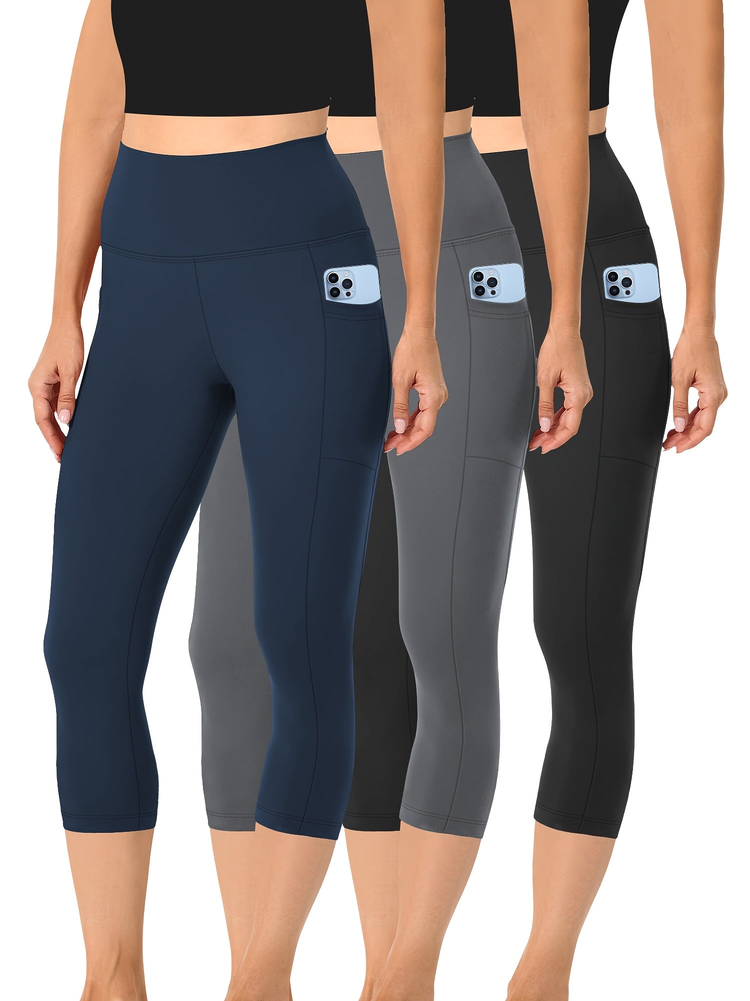 3pcs Set, Standard Size High Waist 7-point Women's Pants with Practical Side Pockets, High Elastic Body Shaping Leggings, Super Soft Tummy-controlling, Non-see-through Shorts.