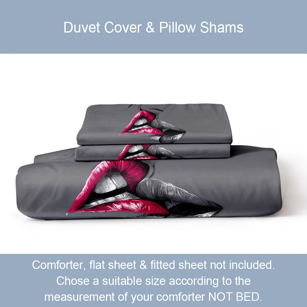 3-Piece Romantic Couple Bedding Set - Vibrant Kiss Sketch Crimson Lips Design, Soft Brushed Microfiber Fabric, Hypoallergenic, Breathable, Easy Care - 1 Duvet Cover + 2 Pillowcases, No Pillow Core Included